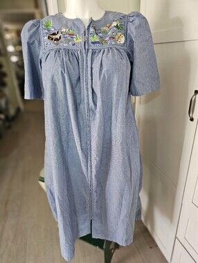 go softly denim patio dresses Go Softly Embroidered Bees Short Sleeve Snap Front Denim Patio Dress